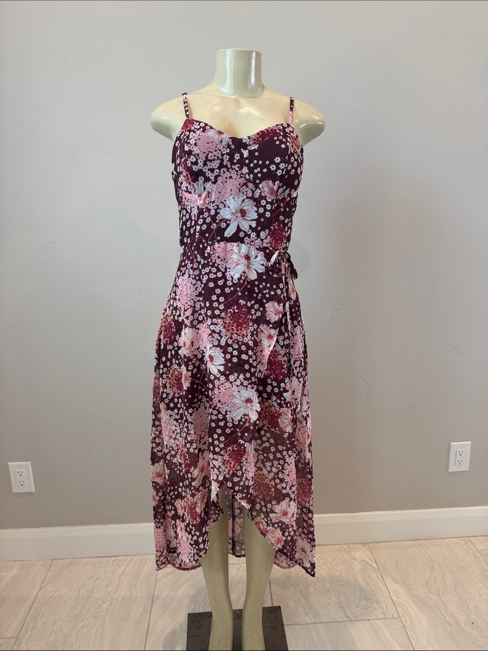 Lily Rose Burgundy and Pink Floral High-Low Spaghetti Strap Dress